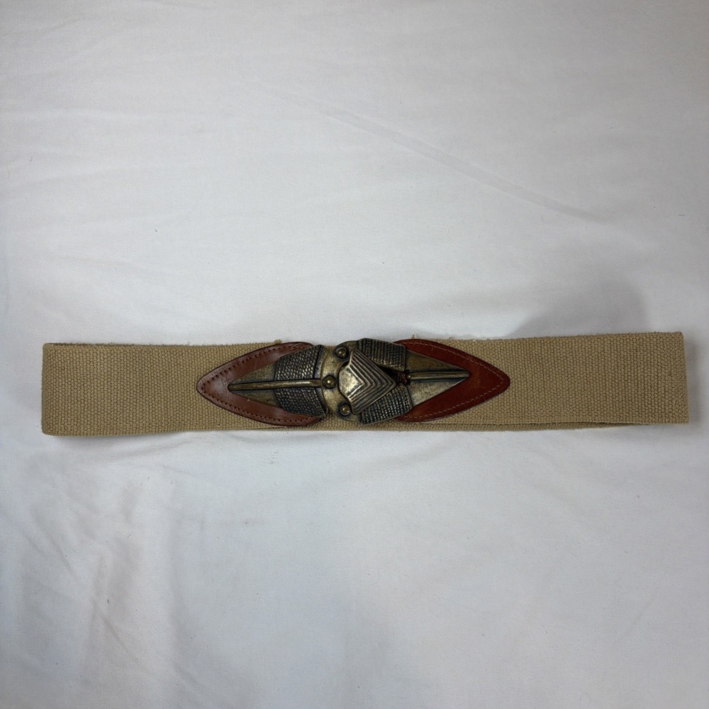 VTG Omega Arrowhead Stretch Belt Beige Art Ornate Metal Leather Buckle USA Large